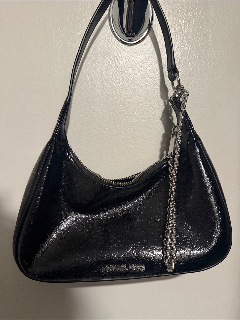 Michael Kors Black Patent Shoulder Bag with Silver Chain